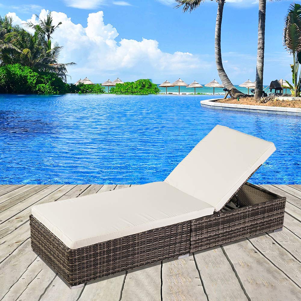 UDeuxff Outdoor PE Wicker Chaise Lounge Set, Patio Lounge Chairs, Outside Poolside Lounger Furniture, Brown Rattan Recliners with Adjustable Backrest, Cushions (Light Brown)