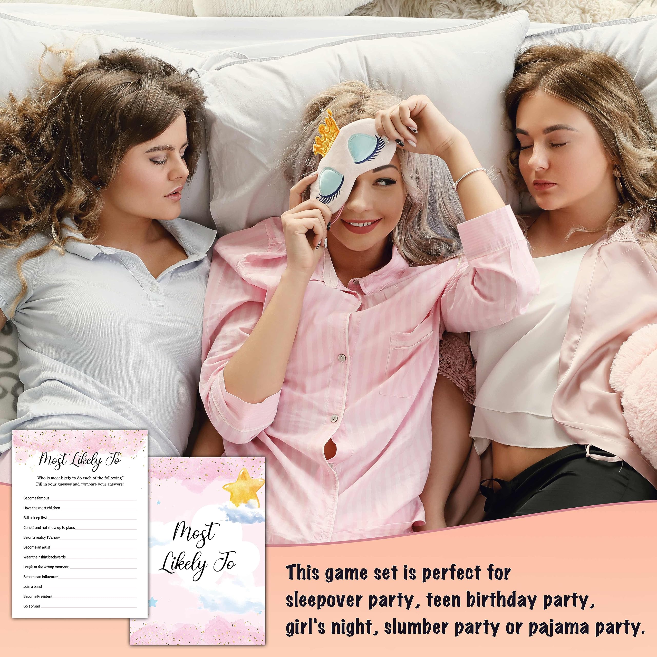 Slumber Party Games for Adults, Most Likely To - Sleepover Games Card, Blush Pink Pajama Party Game Idea, Birthday Party Supplies & Activity, Set of 30 Game Cards-A10