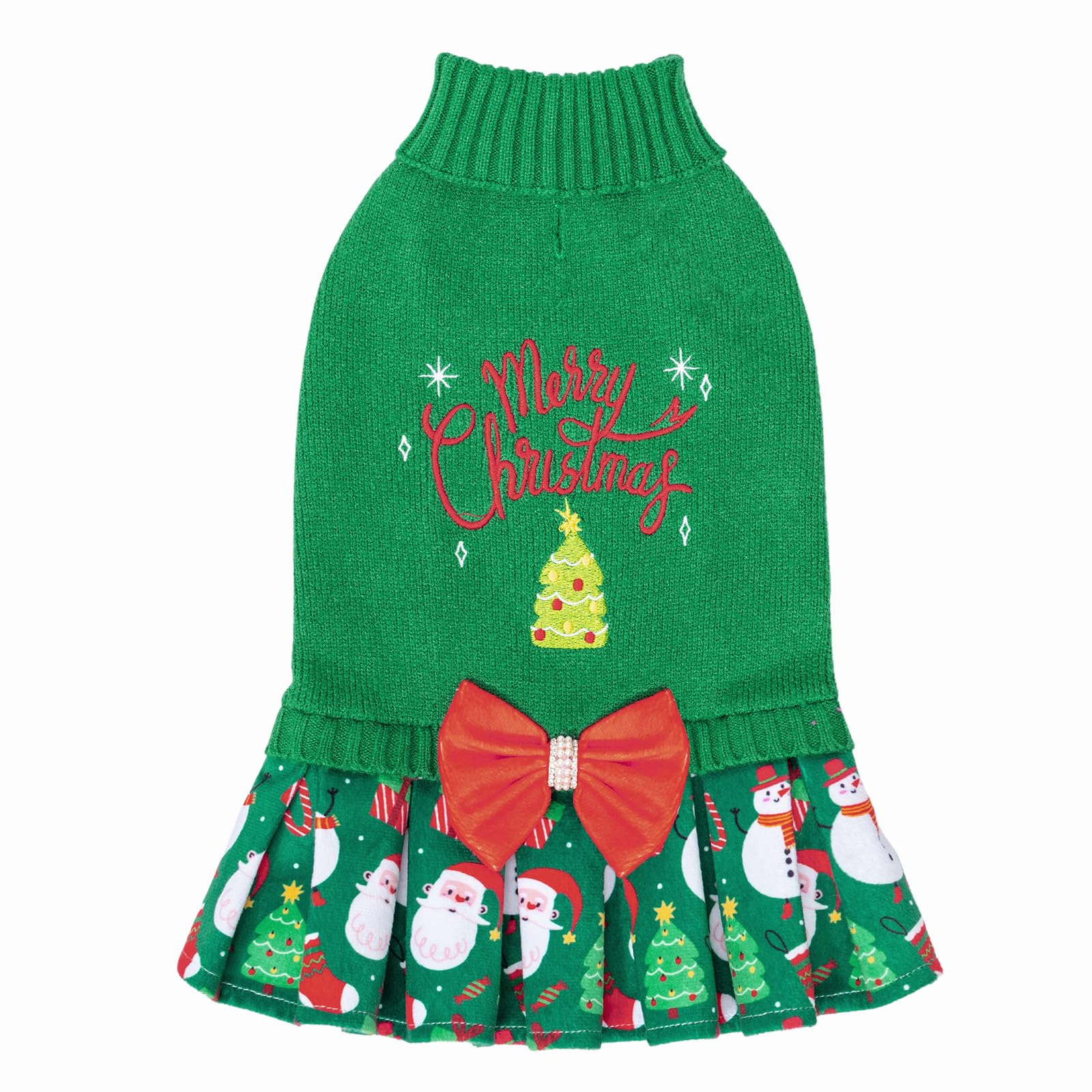 CuteBone Christmas Green Dog Sweater Dress Turtleneck Puppy Sweater with Bowtie Harness Hole Pullover Winter Dress for Medium Large Dogs