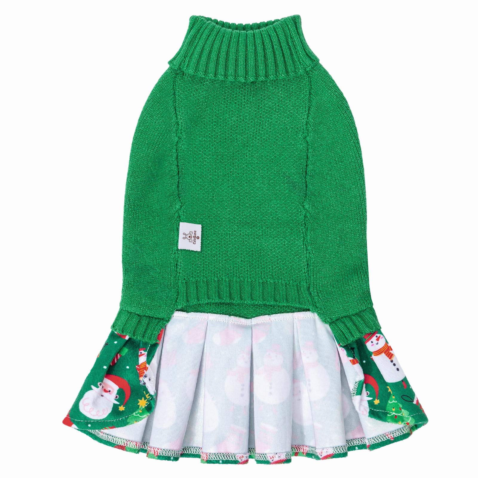 CuteBone Christmas Green Dog Sweater Dress Turtleneck Puppy Sweater with Bowtie Harness Hole Pullover Winter Dress for Medium Large Dogs