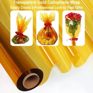 SYOGUA 34in x 100ft Gold Cellophane Wrap Roll, Transparent Gold Cellophane Roll, Halloween Cellophane Paper, Colored Cellophane Wrapping Plastic for Gift Baskets, Christmas Treats, Gold Party