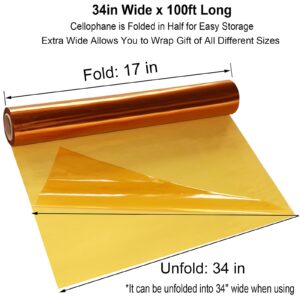 SYOGUA 34in x 100ft Gold Cellophane Wrap Roll, Transparent Gold Cellophane Roll, Halloween Cellophane Paper, Colored Cellophane Wrapping Plastic for Gift Baskets, Christmas Treats, Gold Party