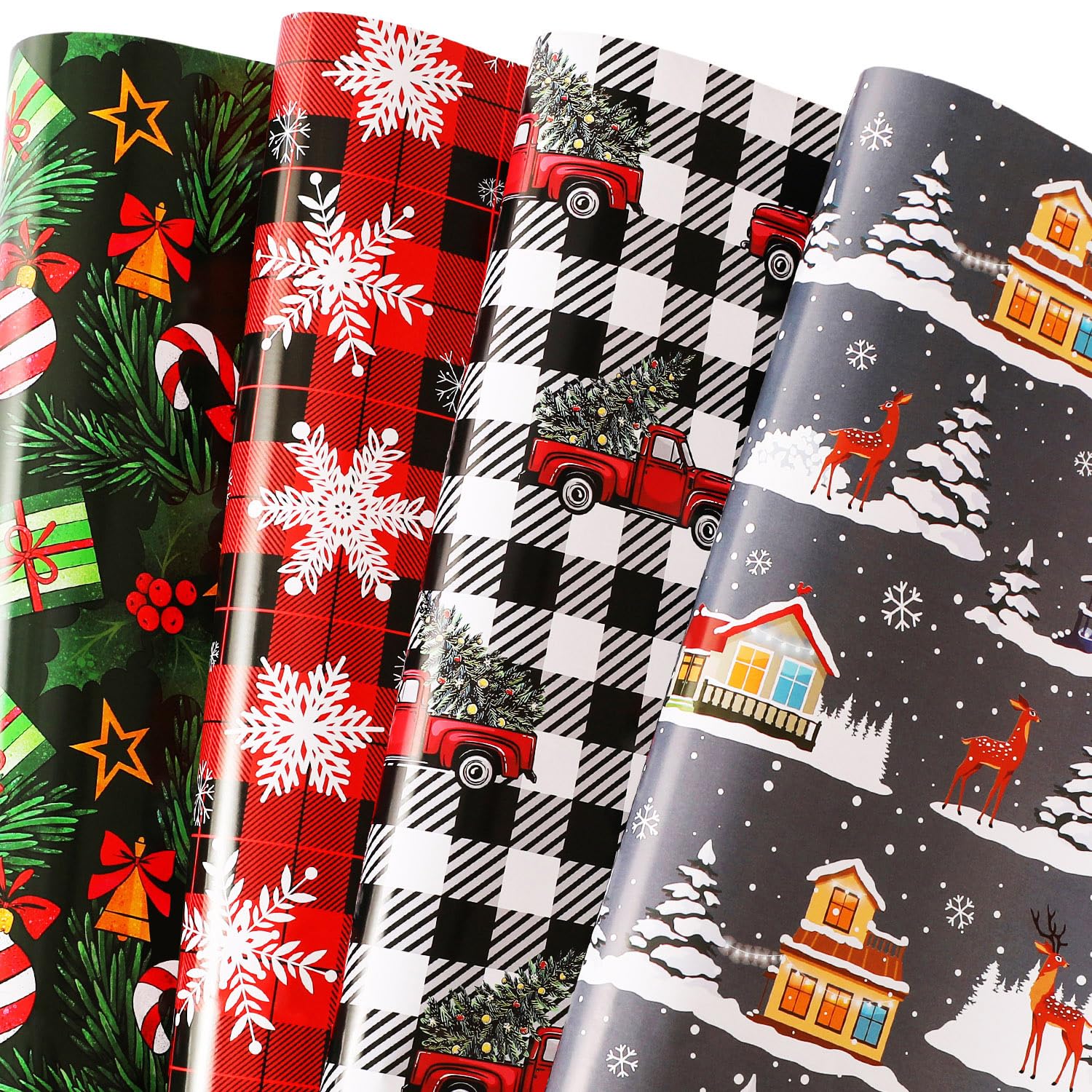 BOLIANNE Christmas Wrapping Paper for Kids Men Women - Xmas Holiday Gift Wrap with Buffalo Plaid, Trucks, Snowflakes, Reindeer for Party - 8 Large Sheets, Vintage Design, 27 x 37 Inch, High Gloss