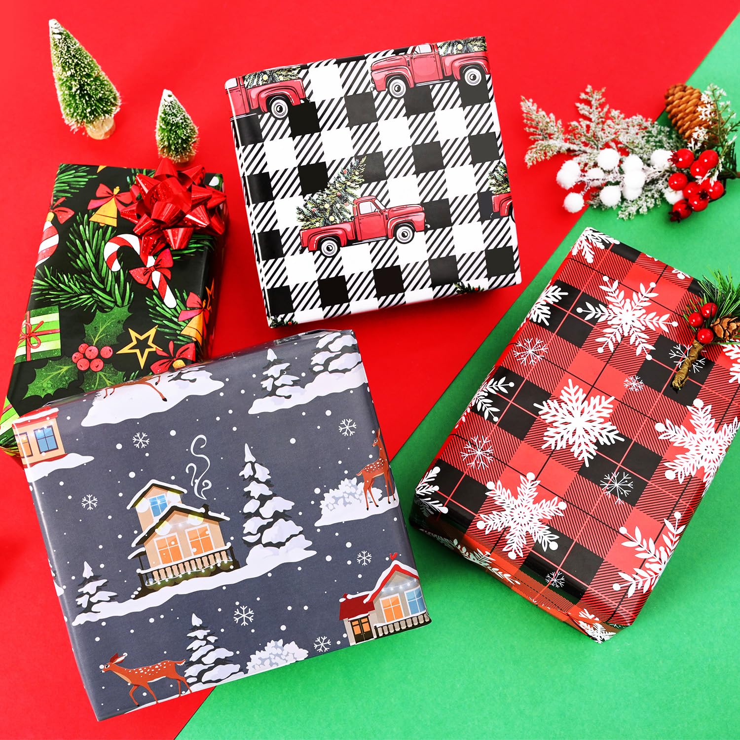 BOLIANNE Christmas Wrapping Paper for Kids Men Women - Xmas Holiday Gift Wrap with Buffalo Plaid, Trucks, Snowflakes, Reindeer for Party - 8 Large Sheets, Vintage Design, 27 x 37 Inch, High Gloss