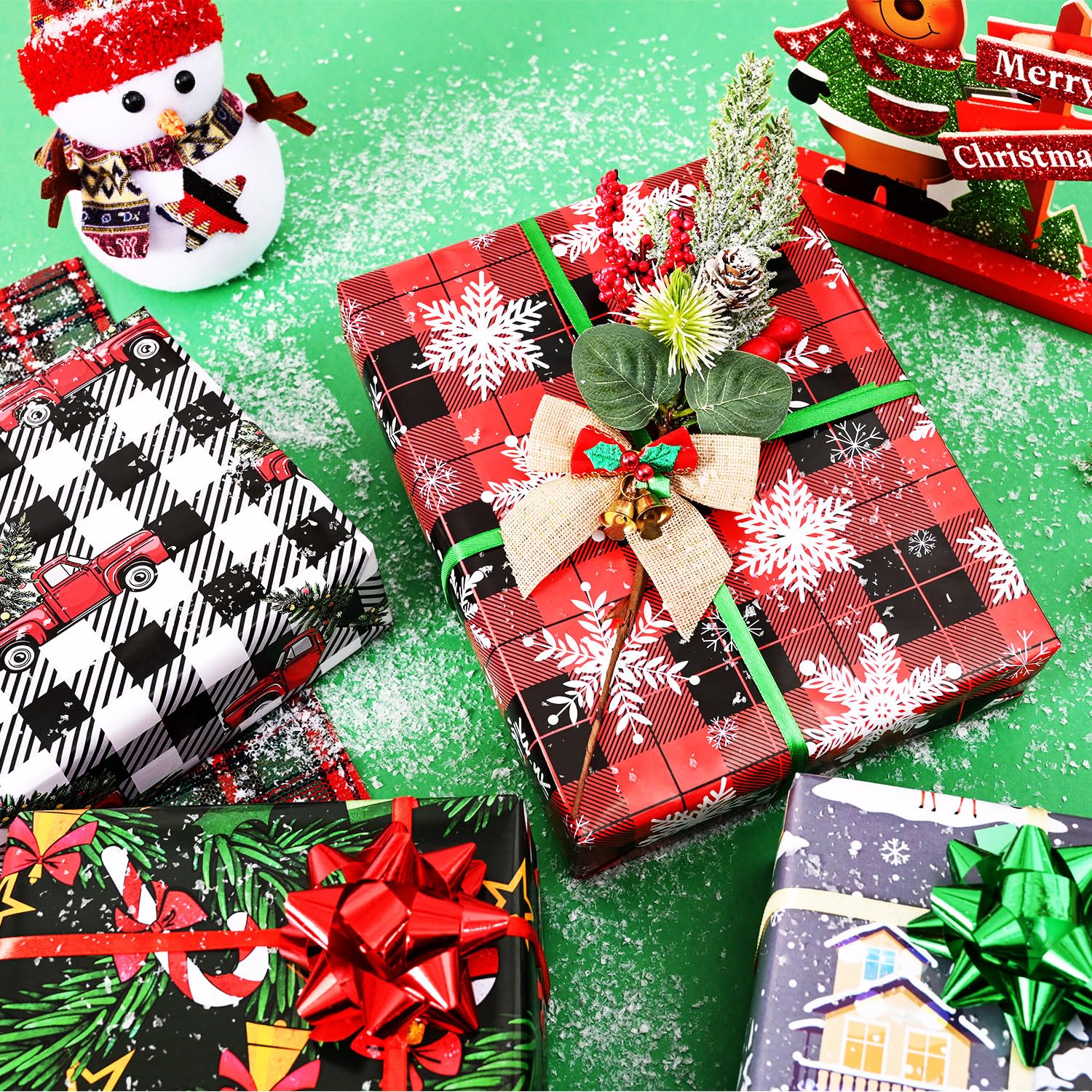 BOLIANNE Christmas Wrapping Paper for Kids Men Women - Xmas Holiday Gift Wrap with Buffalo Plaid, Trucks, Snowflakes, Reindeer for Party - 8 Large Sheets, Vintage Design, 27 x 37 Inch, High Gloss