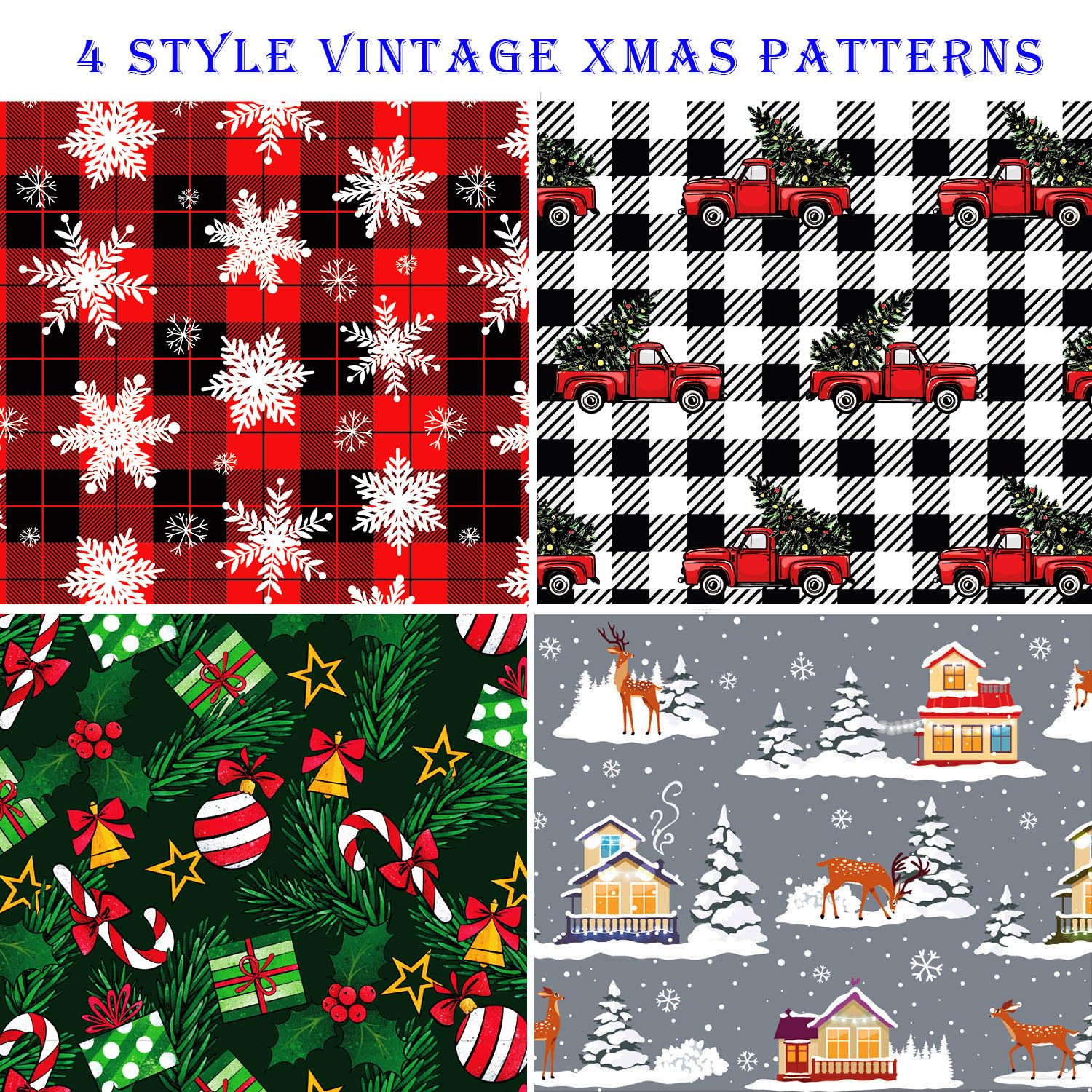 BOLIANNE Christmas Wrapping Paper for Kids Men Women - Xmas Holiday Gift Wrap with Buffalo Plaid, Trucks, Snowflakes, Reindeer for Party - 8 Large Sheets, Vintage Design, 27 x 37 Inch, High Gloss