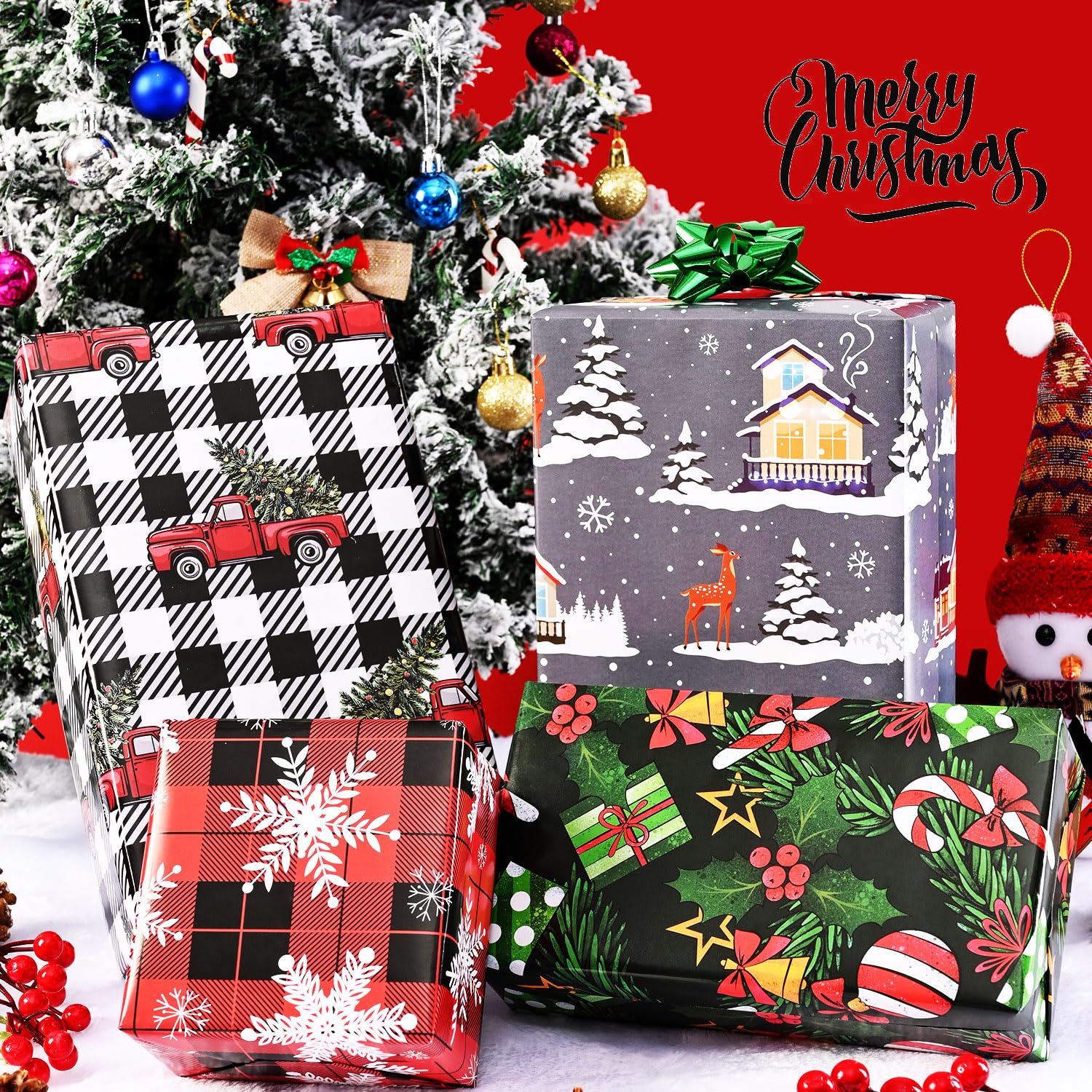 BOLIANNE Christmas Wrapping Paper for Kids Men Women - Xmas Holiday Gift Wrap with Buffalo Plaid, Trucks, Snowflakes, Reindeer for Party - 8 Large Sheets, Vintage Design, 27 x 37 Inch, High Gloss