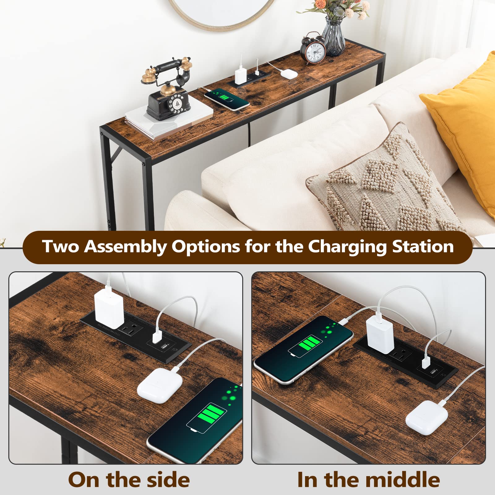 MAHANCRIS Console Table and Sofa Table with Charging Station Bundle,Behind Couch Table, Entryway Table for Living Room, Entryway, Foyer, Metal Frame, Adjustable Feet CTHR11E01Z1-CTHR151E01