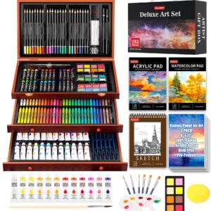 Soucolor Art Supplies, 192-Pack Deluxe Art Set Drawing Painting Supplies Art Kit with Acrylic Pad, Watercolor Pad, Sketch Book, Canvases, Acrylic Paint, Crayons, Pencils, Gifts for Artists Adults Kids