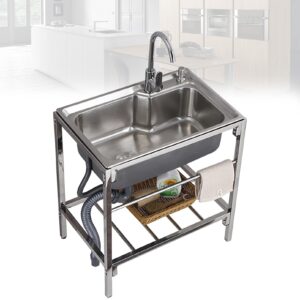 single bowl stainless steel sink free standing commercial restaurant kitchen sink with faucet utility washing hand basin laundry tub for indoor outdoor, 28x18.5x29.5inch