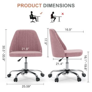 MCQ Office Desk Chair, Modern Cute Rolling Vanity Swivel Task Chairs with Wheels, Comfortable Back Seat Armless for Home, Bedrooms, Office, Study, Student, Adults, Make-up, Dressing Room, Pink