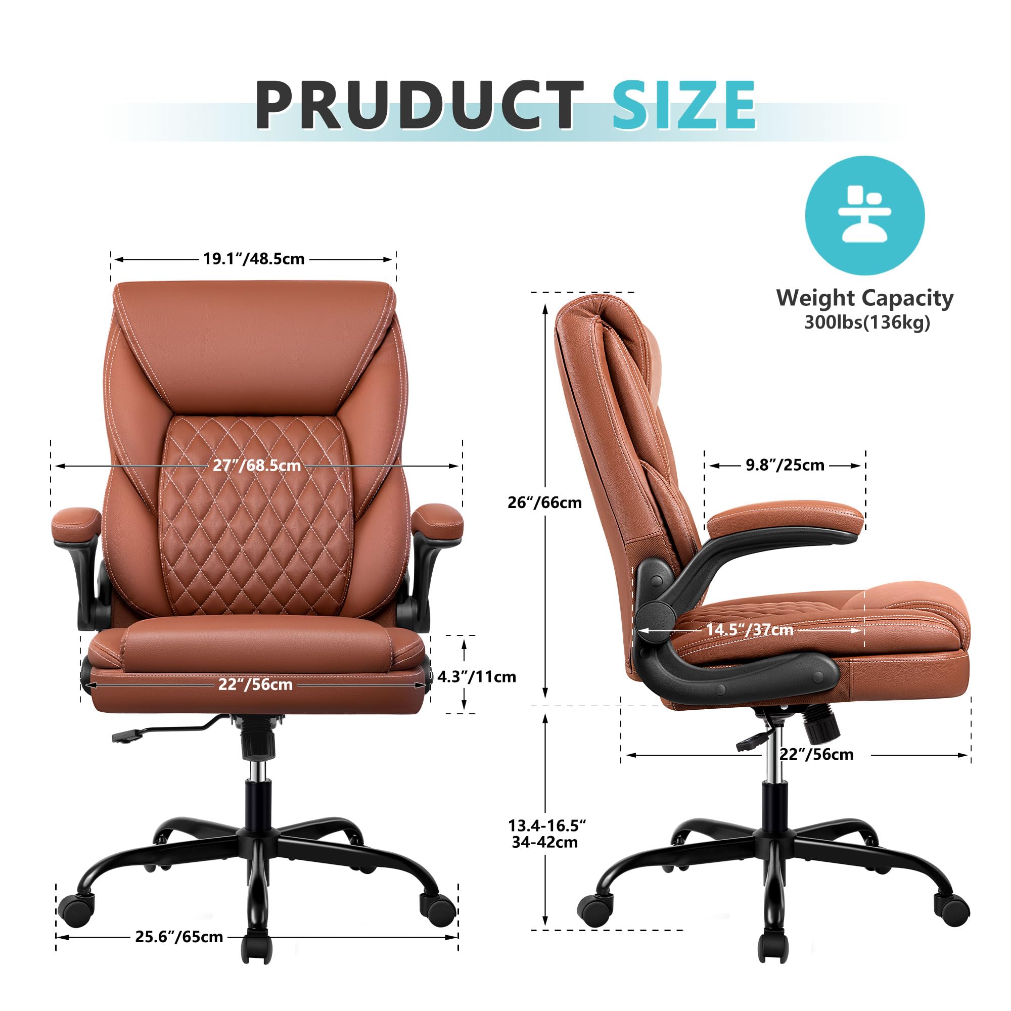 BestEra Office Chair, Executive Leather Chair Home Office Desk Chairs, Ergonomic Computer Desk Chair with Adjustable Flip-Up Arms, Lumber Support Swivel Task Chair with Rocking Function (Brown)