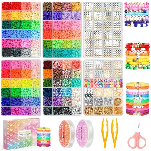 Paodey 16,000pcs Clay Beads Bracelet Making Kit 96 Colors, 900pcs Letter Beads, 100pcs Number Beads, Gold Silver Spacer Beads for Friendship Bracelets Jewelry, 6 Boxes Polymer Heishi Beads