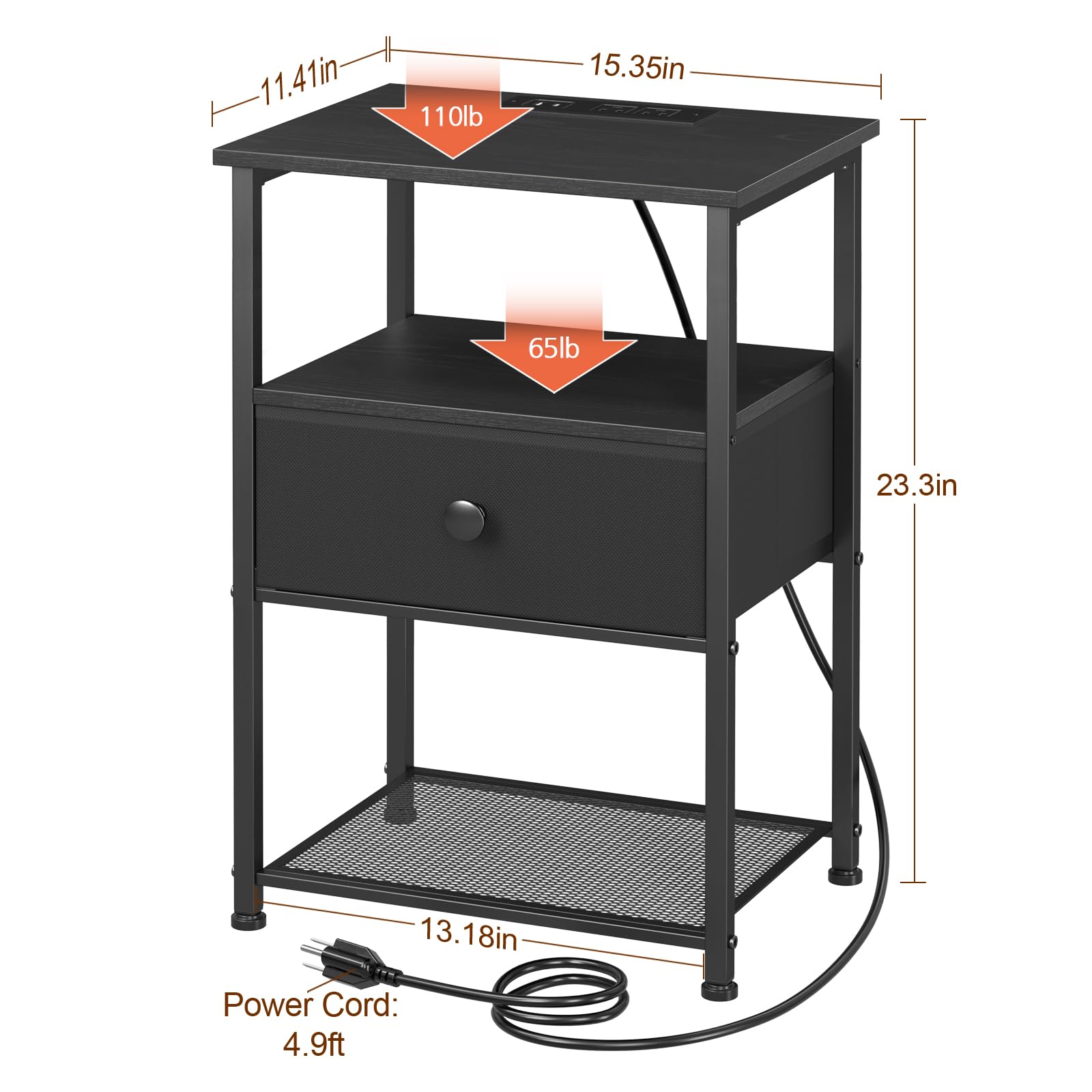 LOAKEKEL Night Stand Set 2, LED Nightstand with Charging Station, End Tables with Fabric Drawer for Small Spaces, Bedside Table with Storage Shelf for Bedroom, Black, HETS01BK