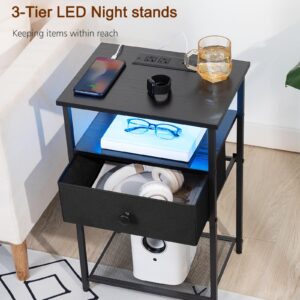 LOAKEKEL Night Stand Set 2, LED Nightstand with Charging Station, End Tables with Fabric Drawer for Small Spaces, Bedside Table with Storage Shelf for Bedroom, Black, HETS01BK