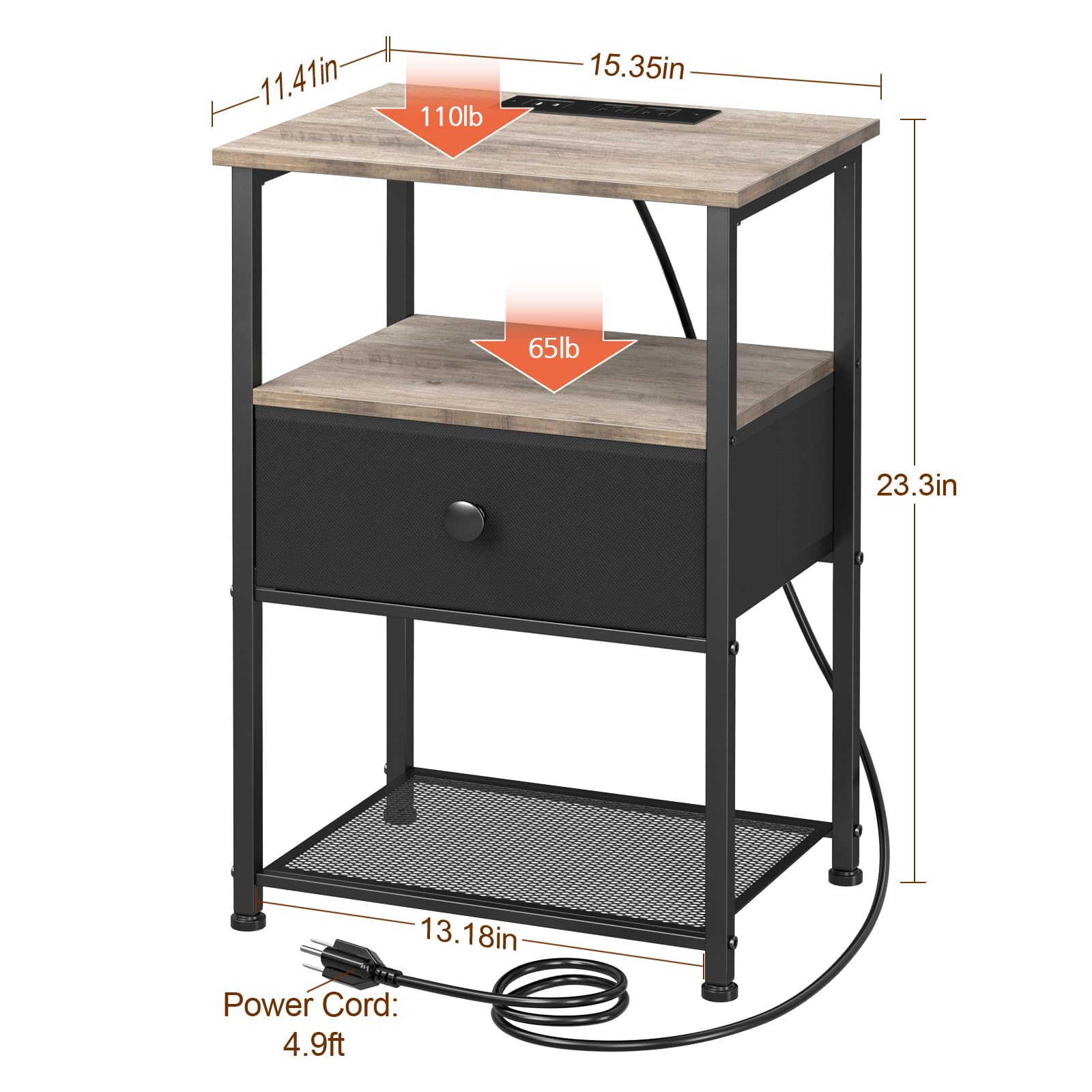 LOAKEKEL Night Stand Set 2, LED Nightstand with Charging Station, End Tables with Fabric Drawer for Small Spaces, Bedside Table with Storage Shelf for Bedroom, Greige, HETS01GY