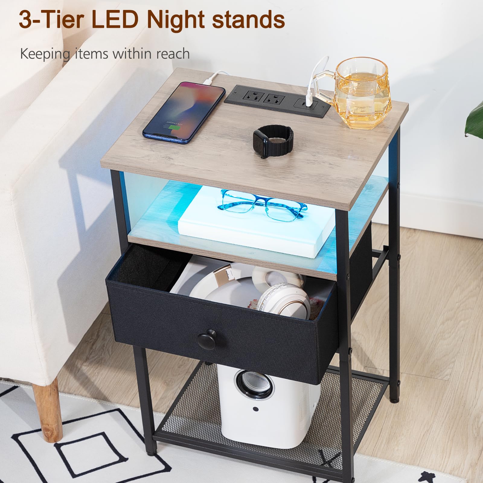 LOAKEKEL Night Stand Set 2, LED Nightstand with Charging Station, End Tables with Fabric Drawer for Small Spaces, Bedside Table with Storage Shelf for Bedroom, Greige, HETS01GY