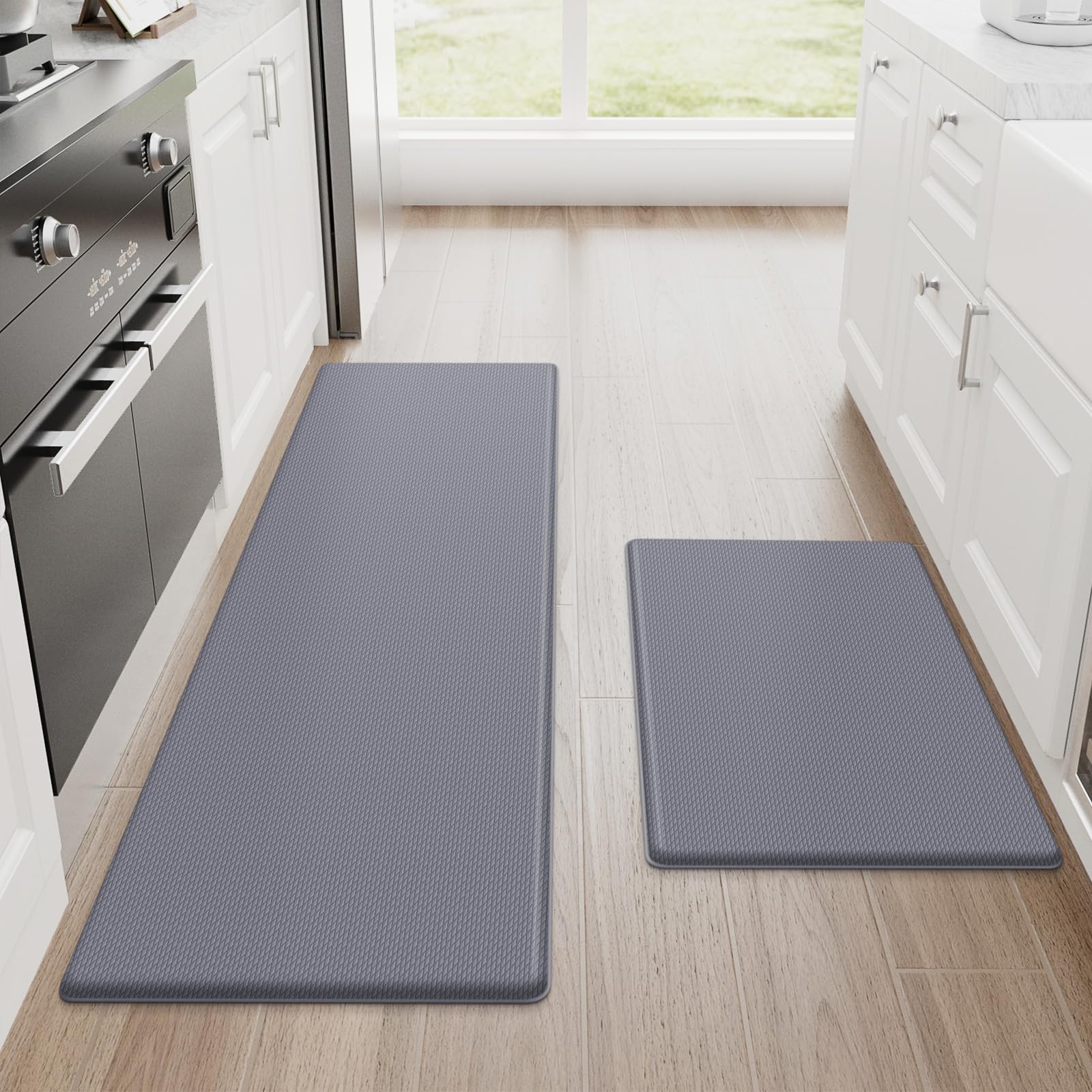 StepLively 2-Piece Anti-Fatigue Cushioned Kitchen Mat Set, Non-Skid Grey Standing Mats for Kitchen, Office, Sink - 17.3"x30" and 17.3"x47"