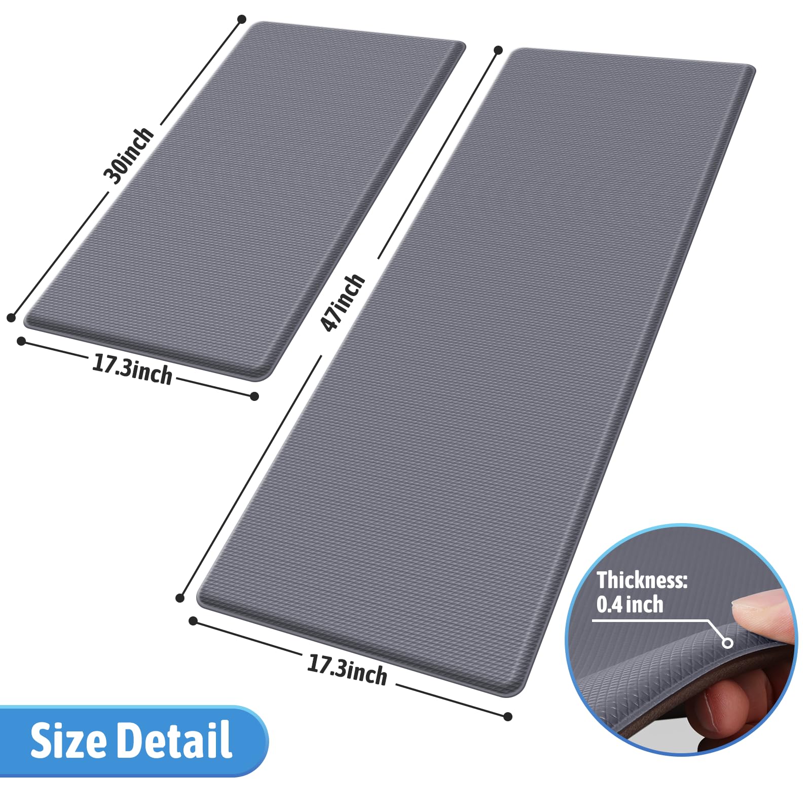 StepLively 2-Piece Anti-Fatigue Cushioned Kitchen Mat Set, Non-Skid Grey Standing Mats for Kitchen, Office, Sink - 17.3"x30" and 17.3"x47"