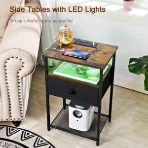 LOAKEKEL Night Stand Set 2, LED Nightstand with Charging Station, End Tables with Fabric Drawer for Small Spaces, Bedside Table with Storage Shelf for Bedroom, Brown, HETS01BR