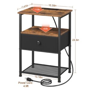 LOAKEKEL Night Stand Set 2, LED Nightstand with Charging Station, End Tables with Fabric Drawer for Small Spaces, Bedside Table with Storage Shelf for Bedroom, Brown, HETS01BR