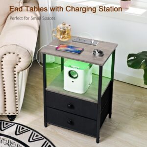 LOAKEKEL Night Stand Set 2, LED Nightstand with Charging Station, End Tables with Storage Shelf for Small Spaces, Bedside Table Side Tables with 2 Fabric Drawers for Bedroom, Greige, HETS02GY