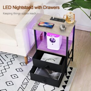 LOAKEKEL Night Stand Set 2, LED Nightstand with Charging Station, End Tables with Storage Shelf for Small Spaces, Bedside Table Side Tables with 2 Fabric Drawers for Bedroom, Greige, HETS02GY