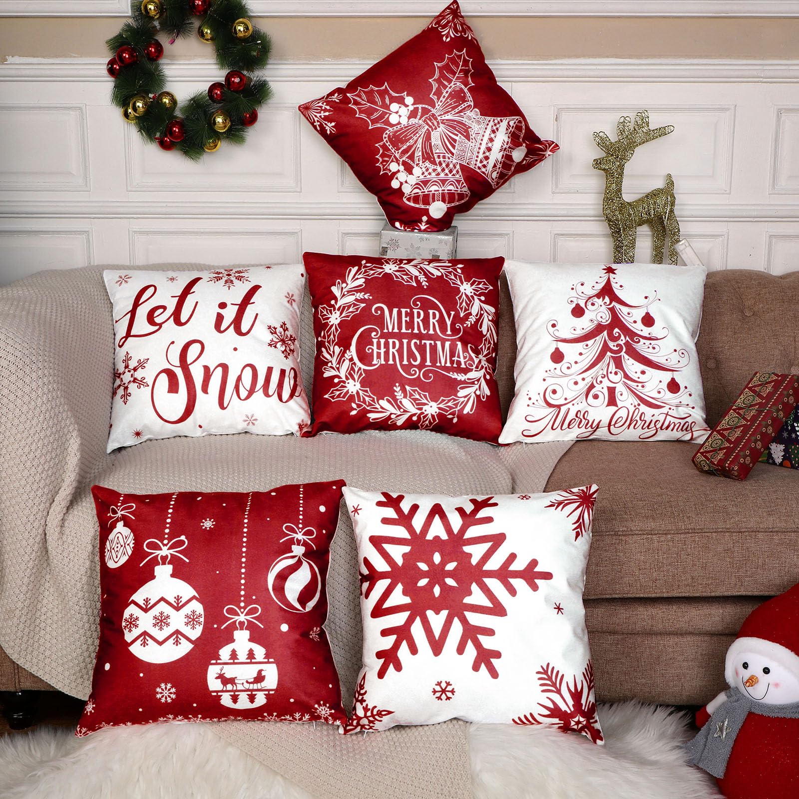 6 Pcs Christmas Pillow Covers Cushion Covers Decoration Christmas Pillow Cover Holiday Decor Throw Pillow Case for Sofa Couch Christmas Office Bedroom Decorations (Warm Style,20 x 20 in)