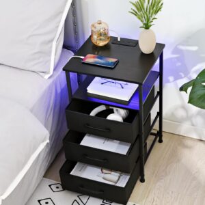 LOAKEKEL Nightstands Set of 2, Large End Tables Living Room, Bed Side Tables with Charging Station, 24.7" Tall Night Stand with 3 Fabric Drawers and LED Light Strip for Bedroom HNS013BK