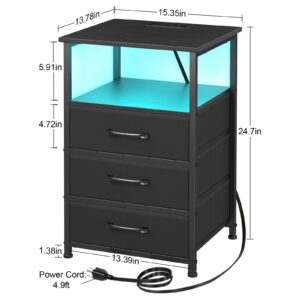 LOAKEKEL Nightstands Set of 2, Large End Tables Living Room, Bed Side Tables with Charging Station, 24.7" Tall Night Stand with 3 Fabric Drawers and LED Light Strip for Bedroom HNS013BK