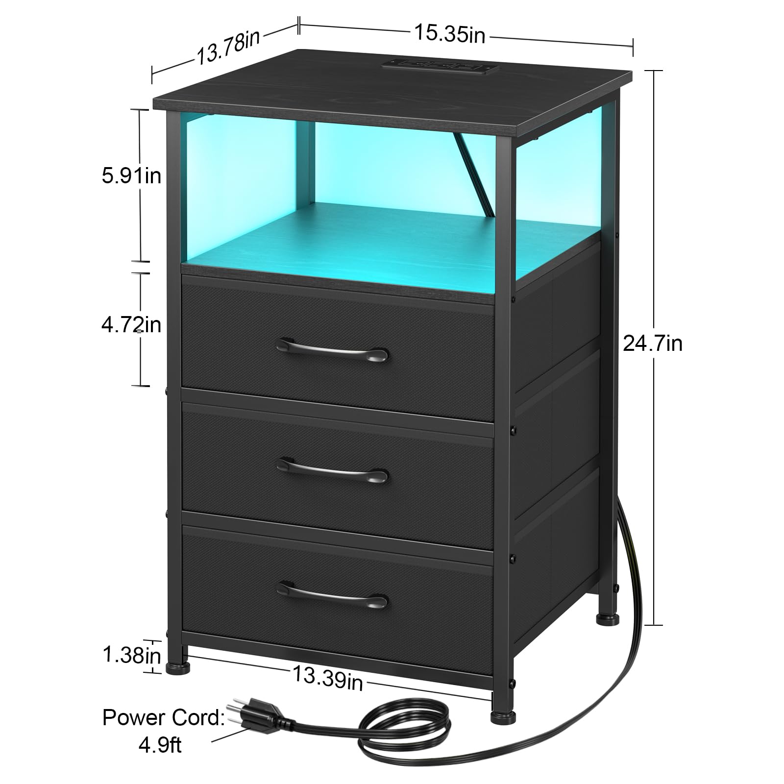 LOAKEKEL Nightstands Set of 2, Large End Tables Living Room, Bed Side Tables with Charging Station, 24.7" Tall Night Stand with 3 Fabric Drawers and LED Light Strip for Bedroom HNS013BK