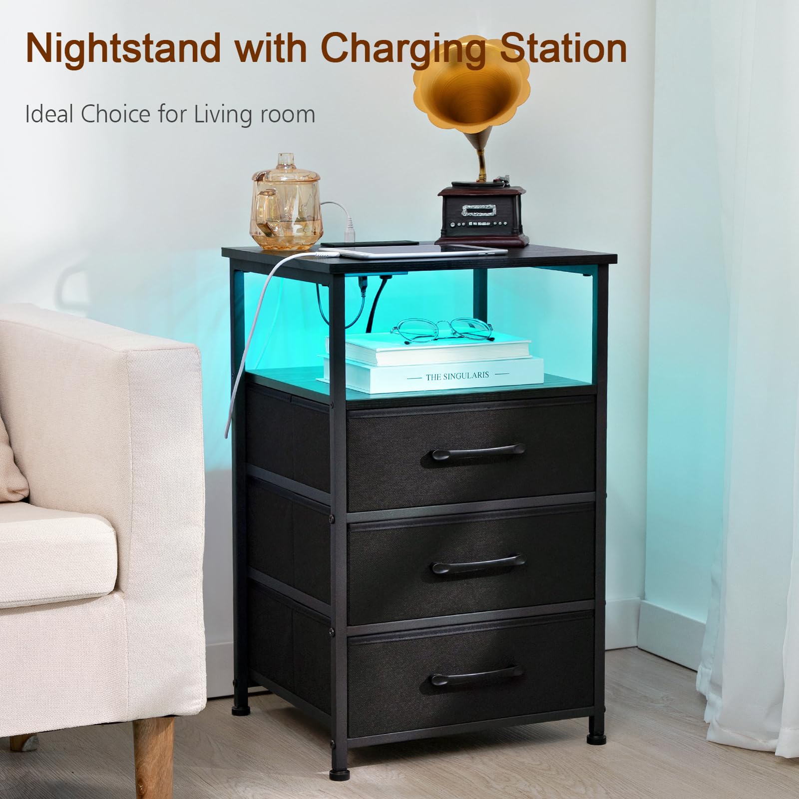 LOAKEKEL Nightstands Set of 2, Large End Tables Living Room, Bed Side Tables with Charging Station, 24.7" Tall Night Stand with 3 Fabric Drawers and LED Light Strip for Bedroom HNS013BK