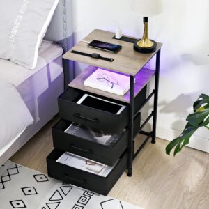 LOAKEKEL Nightstands Set of 2, Large End Tables Living Room, Bed Side Tables with Charging Station, 24.7" Tall Night Stand with 3 Fabric Drawers and LED Light Strip for Bedroom HNS013GY