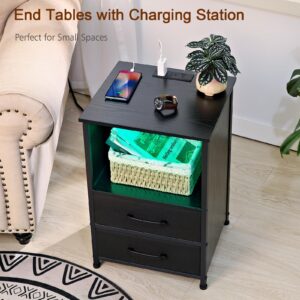 LOAKEKEL Night Stand, LED Nightstands Set of 2 with Charging Station, End Tables with USB Type C Port and Outlets, Bedside Table with 2 Fabric Drawers for Bedroom, Black, HNS032BK