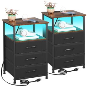 LOAKEKEL Nightstands Set of 2, Large End Tables Living Room, Bed Side Tables with Charging Station, 24.7" Tall Night Stand with 3 Fabric Drawers and LED Light Strip for Bedroom HNS013BR