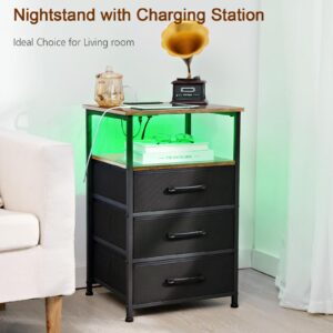 LOAKEKEL Nightstands Set of 2, Large End Tables Living Room, Bed Side Tables with Charging Station, 24.7" Tall Night Stand with 3 Fabric Drawers and LED Light Strip for Bedroom HNS013BR