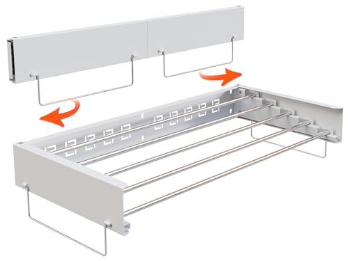 SKIKEN Wall Mounted Hidden Drying Rack for Laundry Room, Wall Compact Clothes Drying Rack, Space Saving Master, Collapsible and Pull-Out, 5 Stainless Steel Rods, 2 Towel Handles (Medium-32, White)