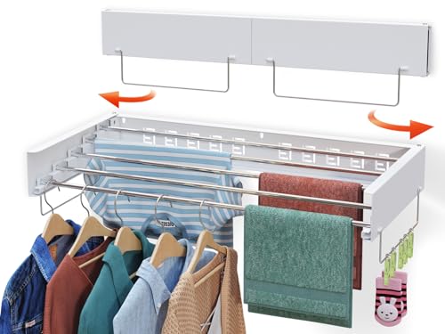 SKIKEN Wall Mounted Hidden Drying Rack for Laundry Room, Wall Compact Clothes Drying Rack, Space Saving Master, Collapsible and Pull-Out, 5 Stainless Steel Rods, 2 Towel Handles (Medium-32, White)