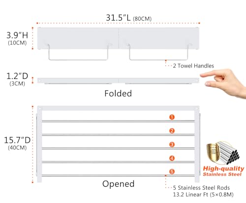 SKIKEN Wall Mounted Hidden Drying Rack for Laundry Room, Wall Compact Clothes Drying Rack, Space Saving Master, Collapsible and Pull-Out, 5 Stainless Steel Rods, 2 Towel Handles (Medium-32, White)