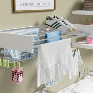 SKIKEN Wall Mounted Hidden Drying Rack for Laundry Room, Wall Compact Clothes Drying Rack, Space Saving Master, Collapsible and Pull-Out, 5 Stainless Steel Rods, 2 Towel Handles (Medium-32, White)