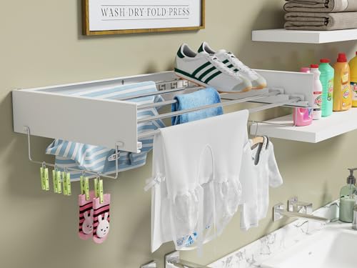 SKIKEN Wall Mounted Hidden Drying Rack for Laundry Room, Wall Compact Clothes Drying Rack, Space Saving Master, Collapsible and Pull-Out, 5 Stainless Steel Rods, 2 Towel Handles (Medium-32, White)