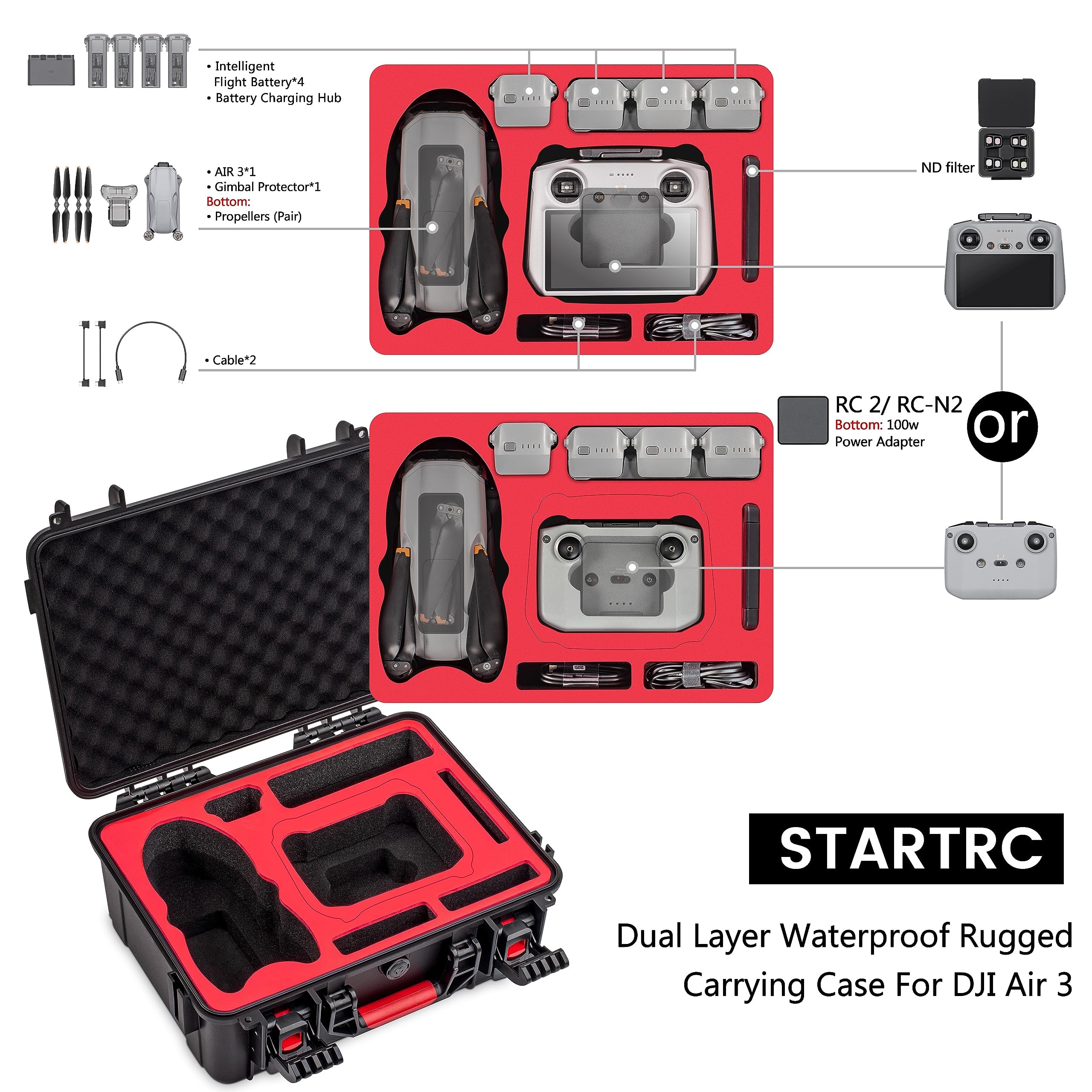 STARTRC Air 3 Hard Case Waterproof Carrying Case for DJI Air 3 Fly More Combo with DJI RC 2/RC-N2 Controller, Drone Accessories