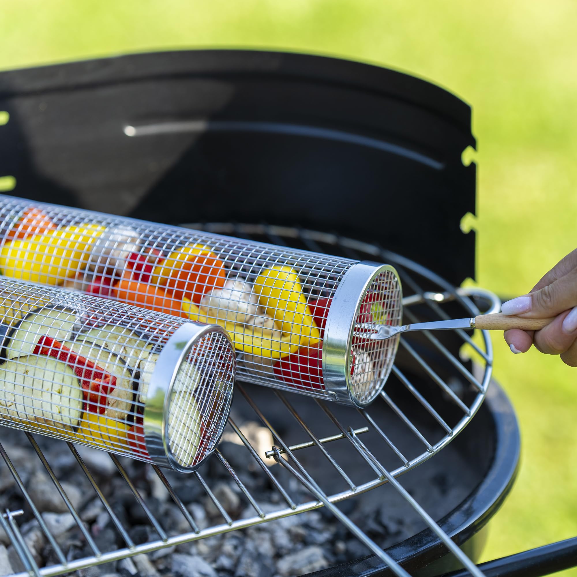 2PCS Rolling Grill Baskets for Outdoor Grill, Big Green Egg Accessories-Set Includes Fork, Hook, and Oil Brush-304g Stainless Steel-Perfect Gifts for Dad, Camping Must Haves, Unique Outdoor Gifts