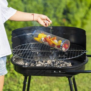 2PCS Rolling Grill Baskets for Outdoor Grill, Big Green Egg Accessories-Set Includes Fork, Hook, and Oil Brush-304g Stainless Steel-Perfect Gifts for Dad, Camping Must Haves, Unique Outdoor Gifts