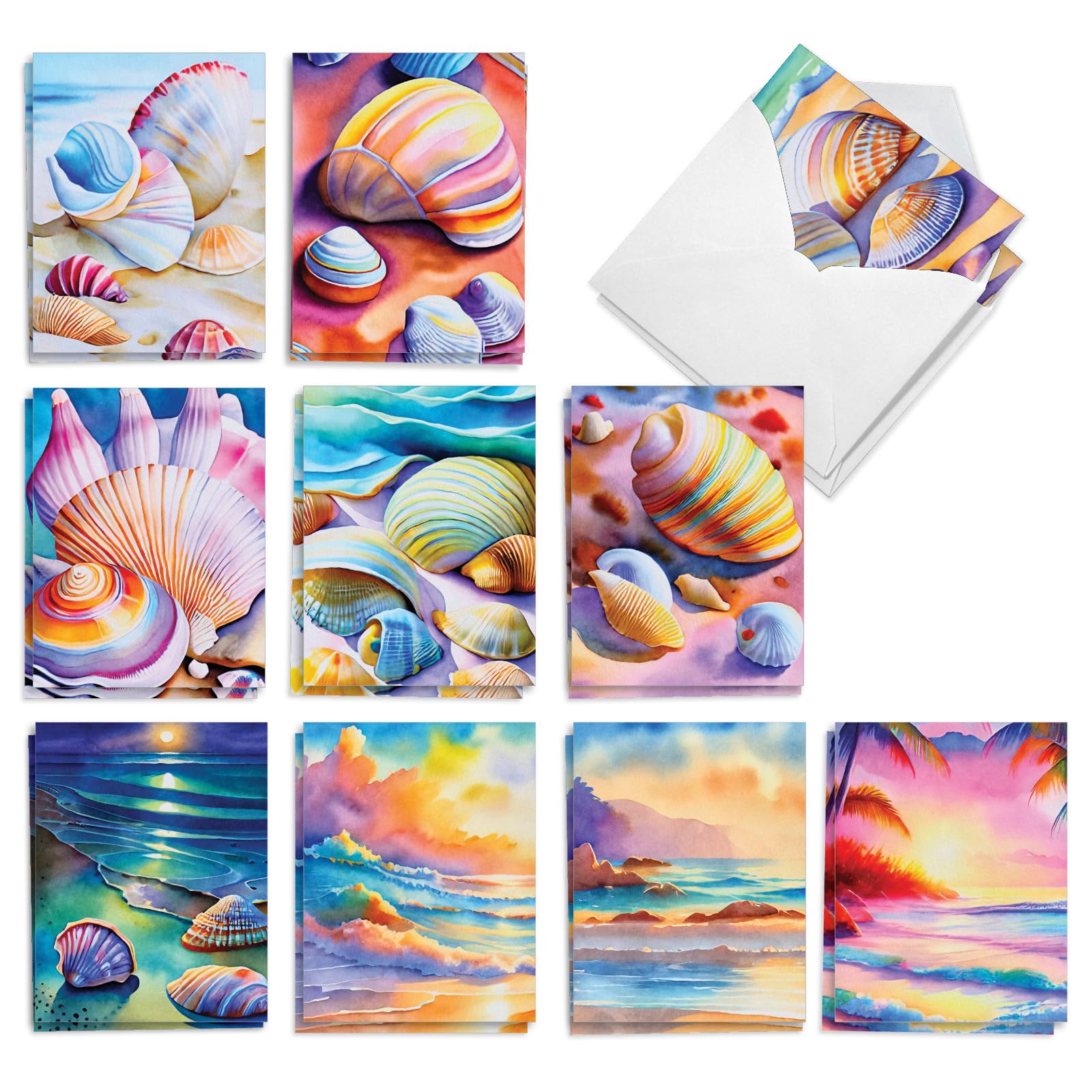 The Best Card Company 20 Assorted Blank Notecards Box Set 4 x 5.12 Inch with Envelopes (10 Designs, 2 Each) Rainbow Seashells AM10040OCB-B2x10