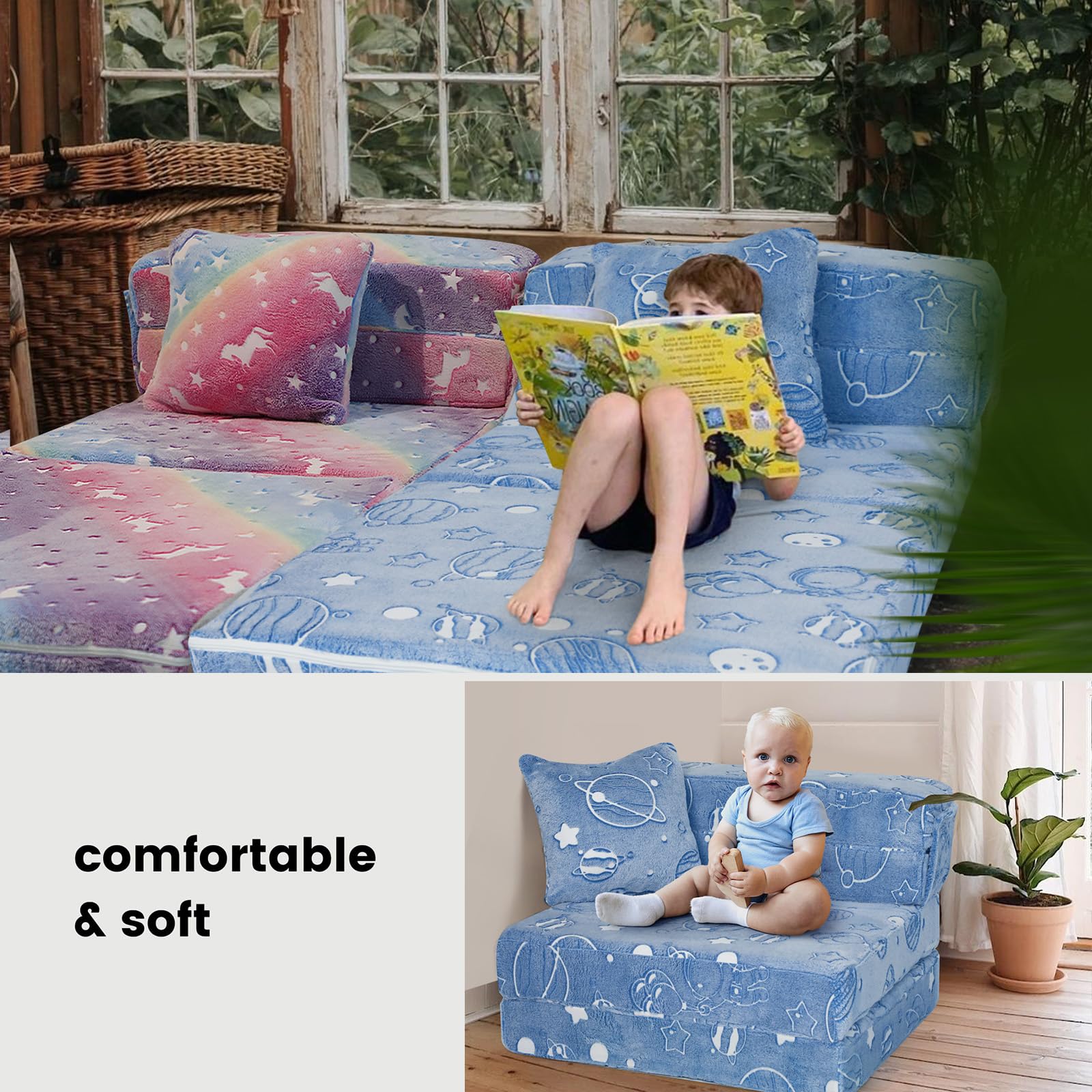 Folding Sofa Bed Floor Mattress for Kids, Glow Tri Folding Mattress Kid Fold Up Sofa Futon Folding Chair Bed, Child Foldable Mattress Floor Bed Folding Couch Trifold Mattress for Playroom