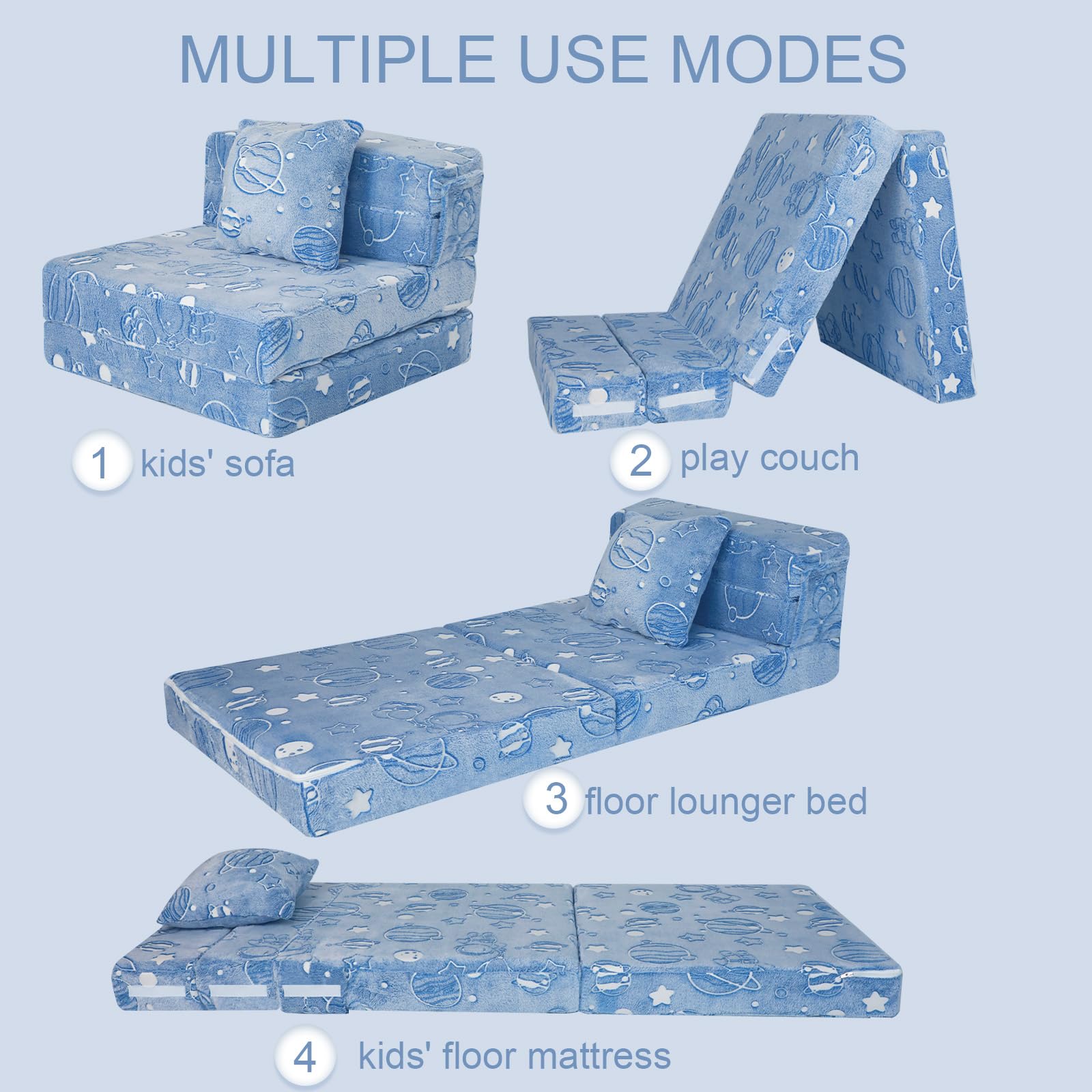 Folding Sofa Bed Floor Mattress for Kids, Glow Tri Folding Mattress Kid Fold Up Sofa Futon Folding Chair Bed, Child Foldable Mattress Floor Bed Folding Couch Trifold Mattress for Playroom