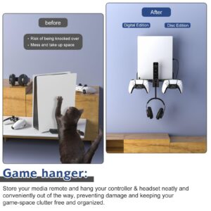 ROCHIE PS5 Wall Mount Bracket PS5 Wall Stand with 2-in-1 Magnetic Charging Cable for Playstation 5 Disc/Digital Edition, Detachable Controller Holder & Headphone Hanger Black