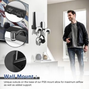 ROCHIE PS5 Wall Mount Bracket PS5 Wall Stand with 2-in-1 Magnetic Charging Cable for Playstation 5 Disc/Digital Edition, Detachable Controller Holder & Headphone Hanger Black