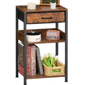 lerliuo end table with fabric drawer,3 tier industrial wood side table with storage,modern tall printer stand,vintage brown nightstand,rustic bedside tables for living room bedroom small spaces